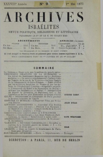Archives israélites de France. Vol.38 N°09 (01 mai 1877)
